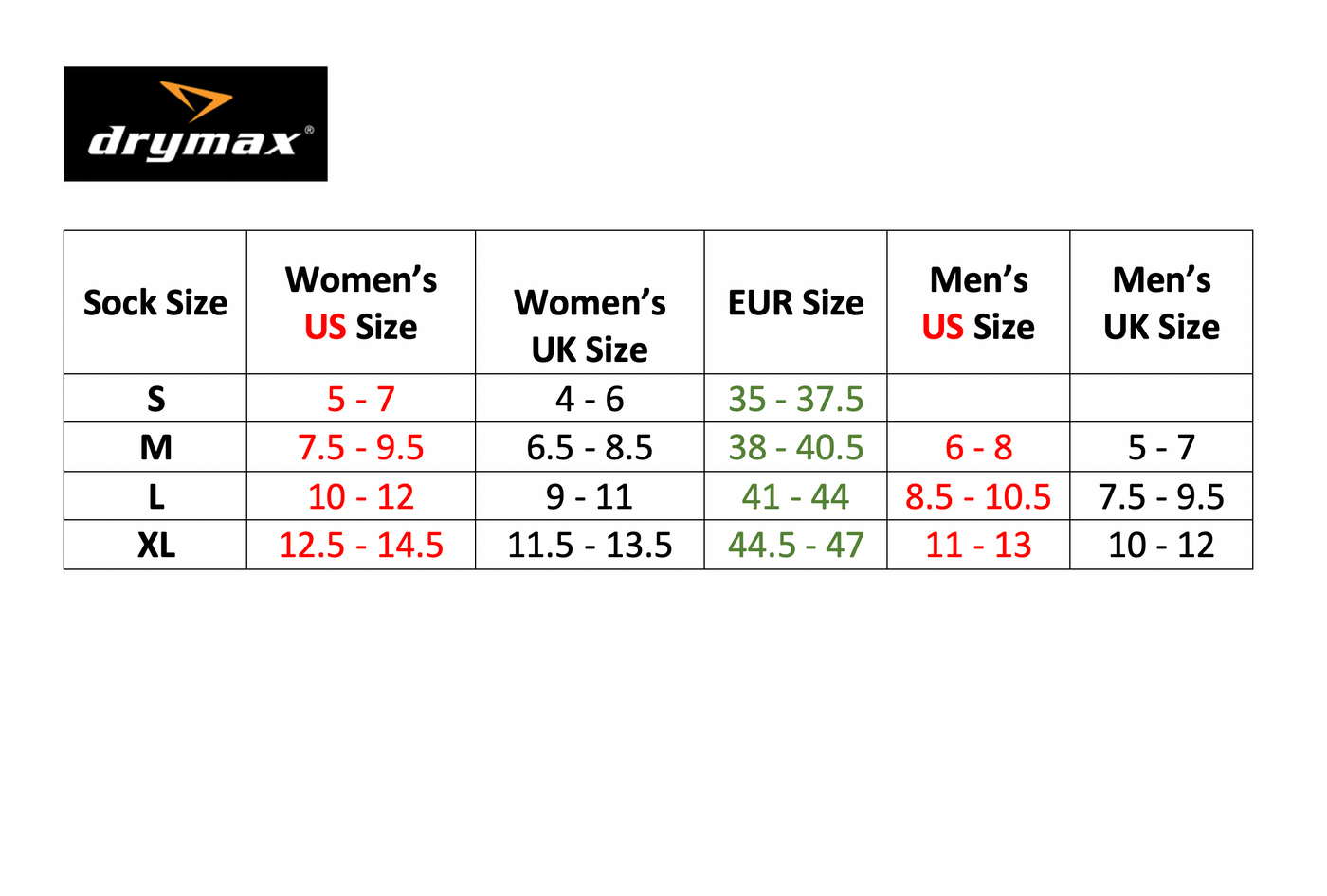 Drymax Lite Trail Running Socks Size Chart